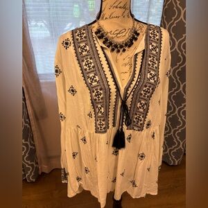 Bohemian White and Black Embroidered Blouse